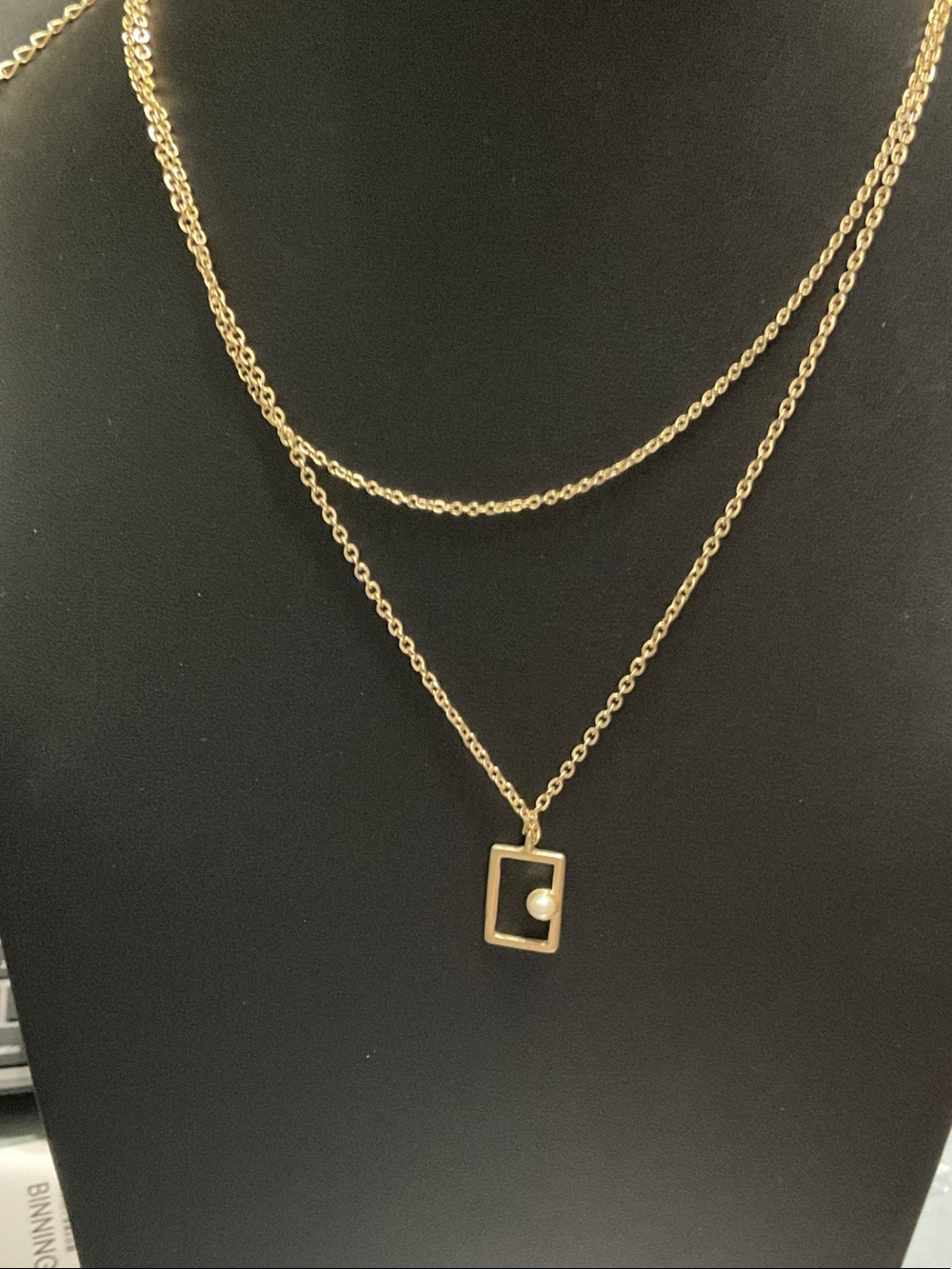 Gold-Tone Layered Rectangle Pendant Necklace with Pearl Accent